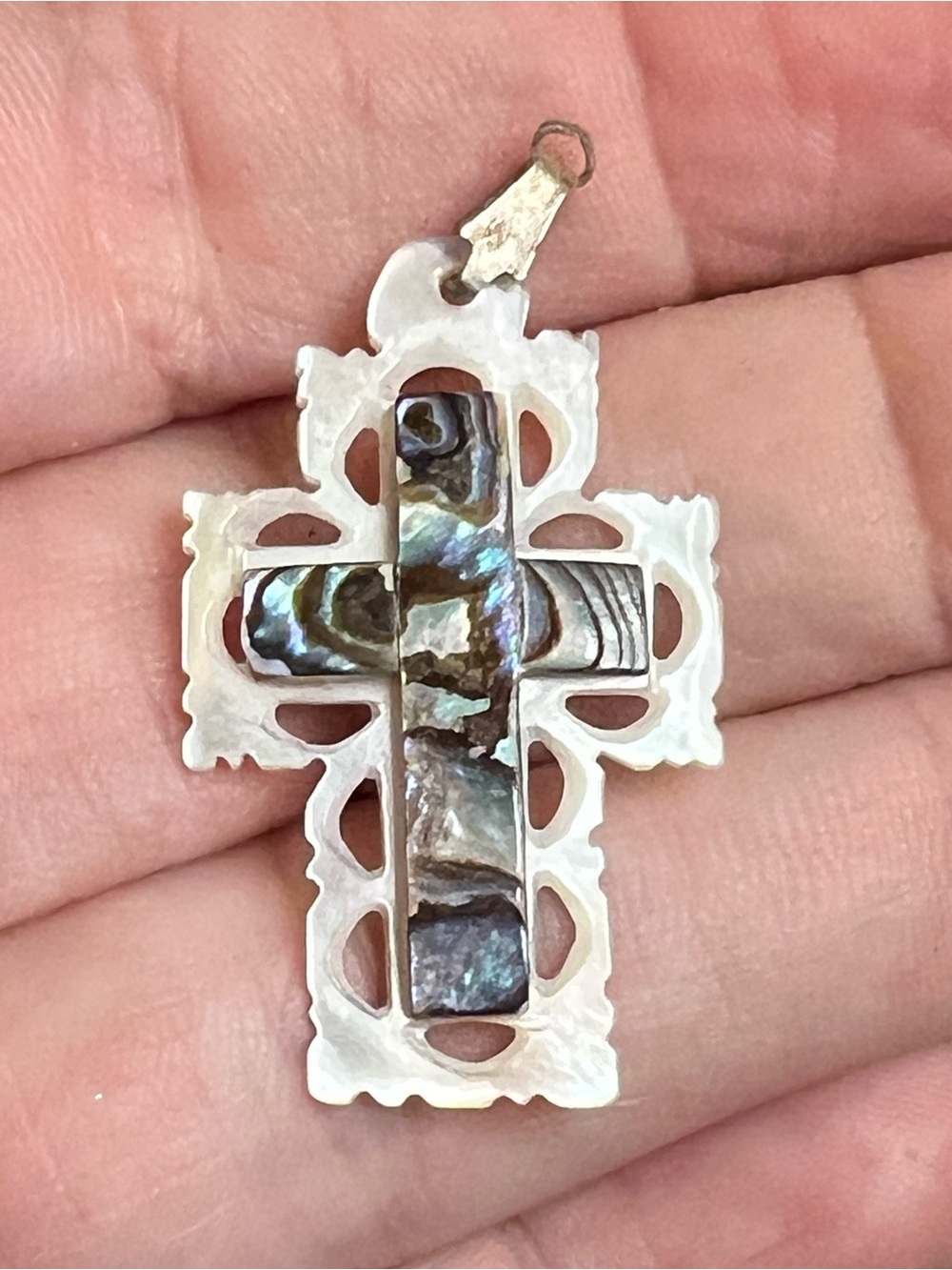 VTG Hand Carved Mother Of Pearl & Abalone Jerusalem Cross Necklace Pendant Charm